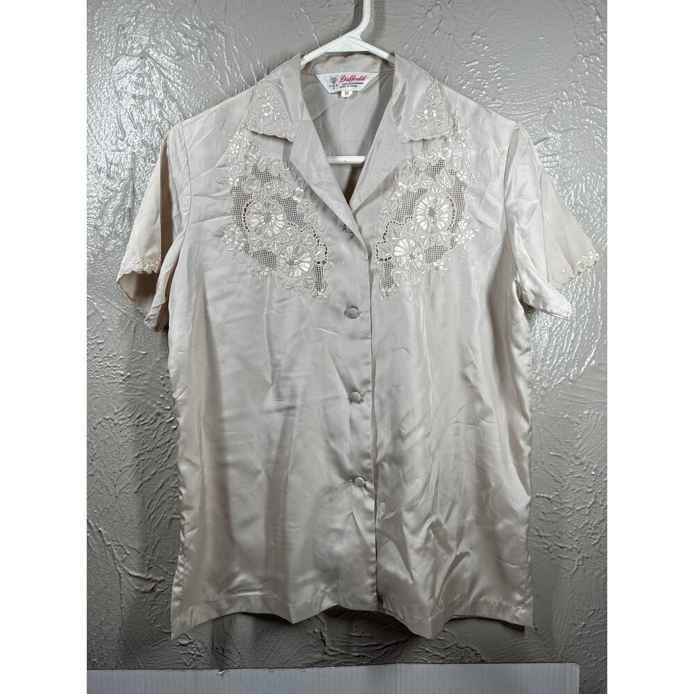 Vintage Daffodil‎ Floral Hand Embroidered Button Blouse Top Tan Womens Sz Medium
